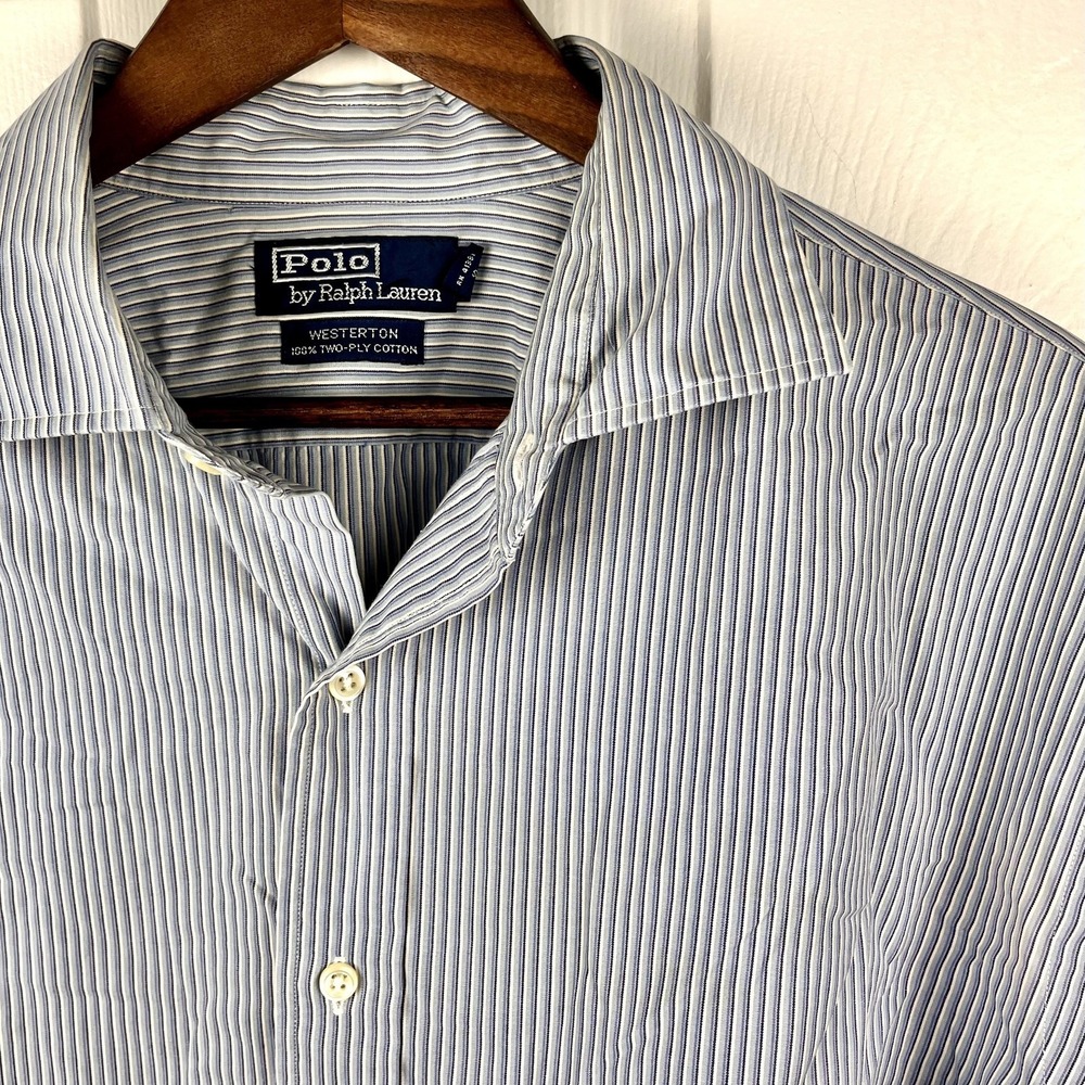 Polo Ralph Lauren Shirt Mens XL Blue Stripe Westerton Two-Ply Cotton Long Sleeve